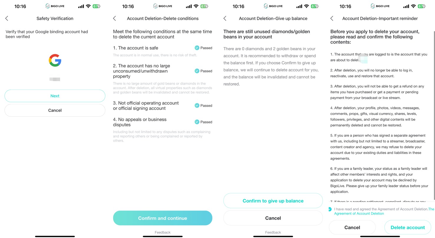 BIGO LIVE account deletion conditions screen