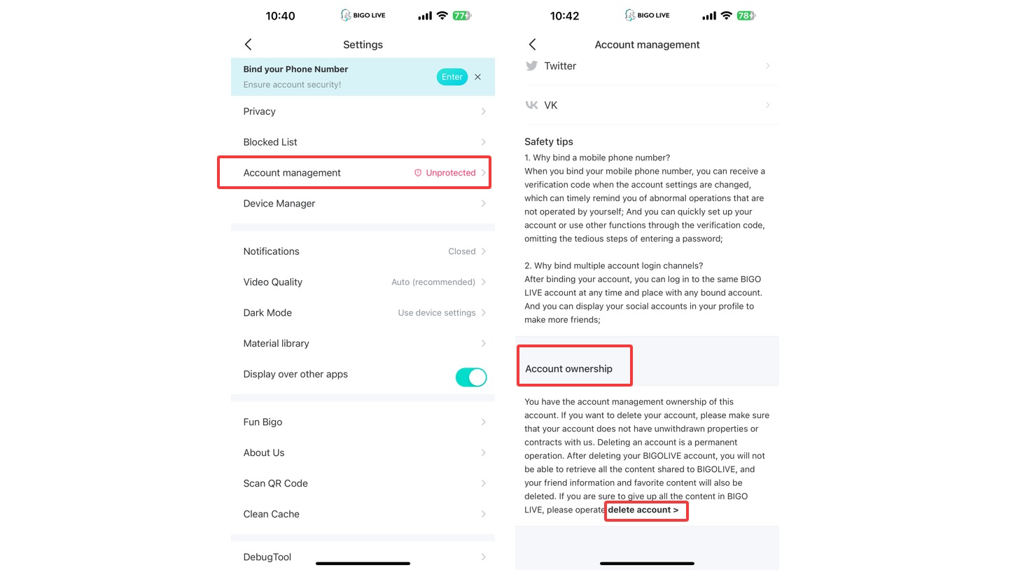 BIGO LIVE Settings and Account Management screen
