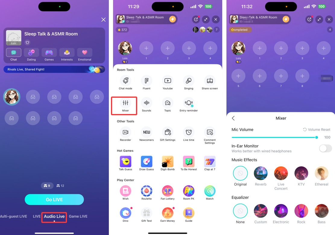 Interface setup audio live Bigo Live