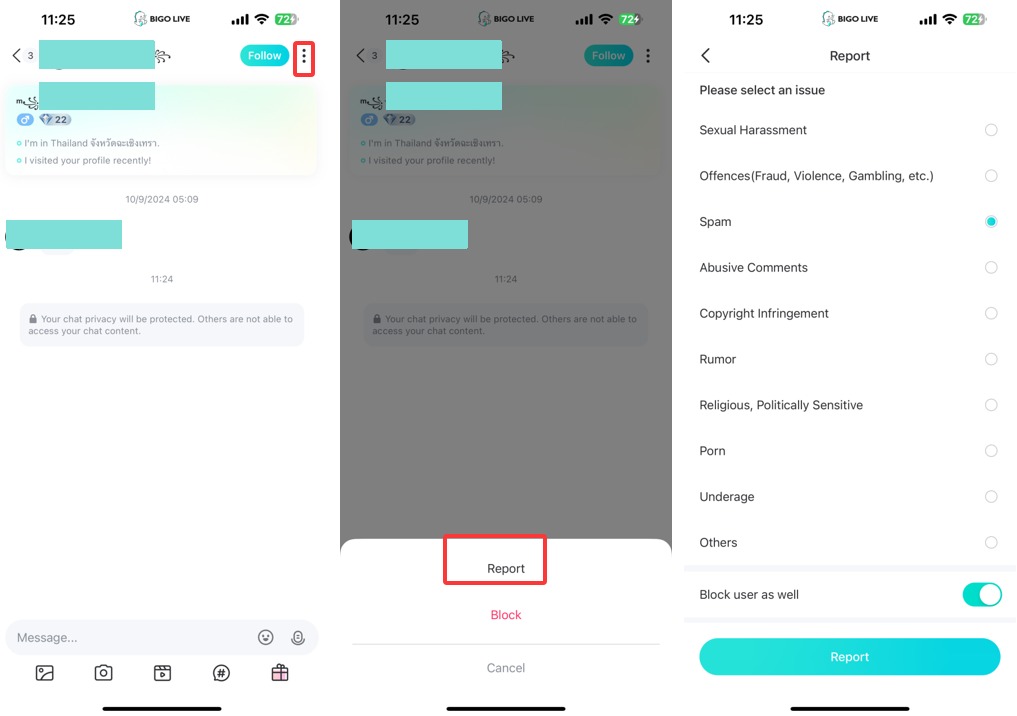 Cara melaporkan pesan pribadi di Bigo Live