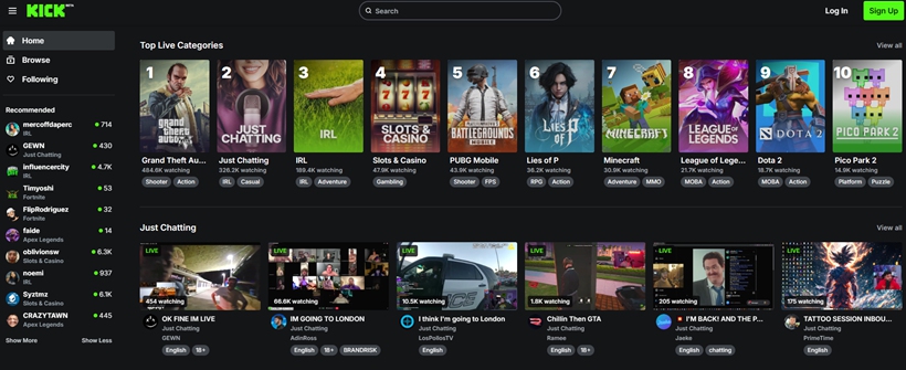 Kick streaming platform interface